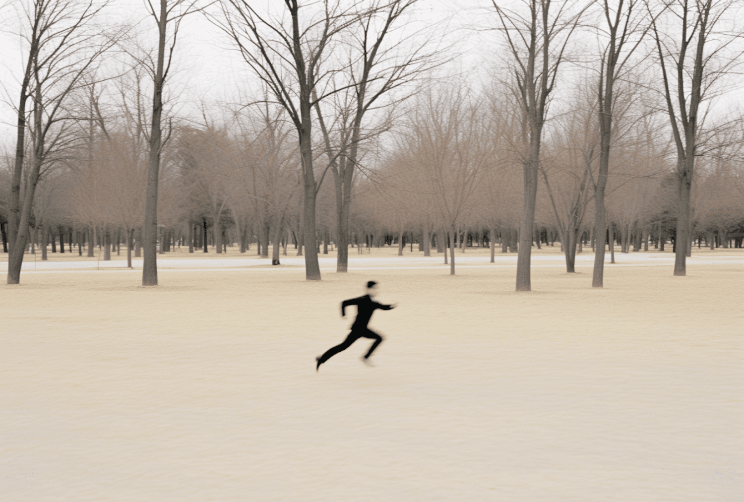 Blurred runner moving through a quiet winter forest